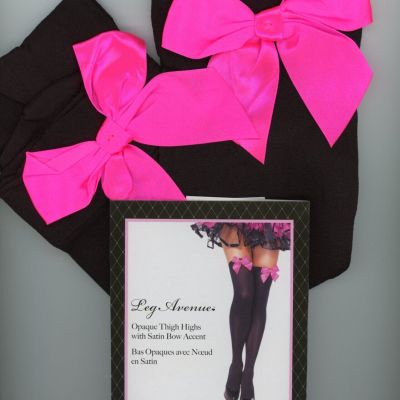 Black Opaque Thigh High Stockings Pink Satin Bows Women's Sz Reg Leg Avenue 6255