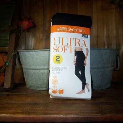 WARNERS ULTRA SOFT FLEECE LINED FOOTLESS TIGHTS 2 PAIRS SIZE L/XL BLACK NO MUFFI