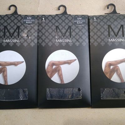Lot of 3 Massini Black PATTERNED TIGHTS~Black~New In Package~Women's S/M
