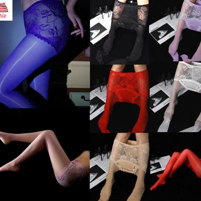 US Ladies Plus Size Lace Waist Shiny Glossy Pantyhose Sheer Stockings Tight Gift