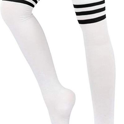 Women's Cotton Striped Thigh High Socks Sexy Schoolgirl Over Knee Stocking White