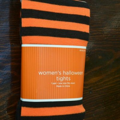 Halloween orange & black striped womens girls tights one size petite to 5'6