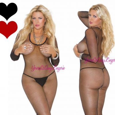 Plus Size FISHNET BODYSTOCKING Long Sleeve CROTCHESS Round Scoop Neck QUEEN