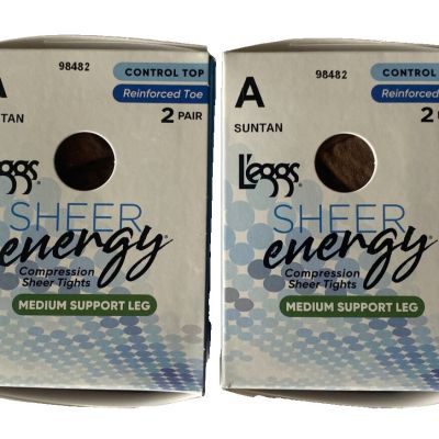 Leggs Sheer Energy Control Top Sheer Tights Pantyhose 2 Pair Suntan Size A 2 Set