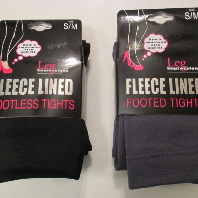 2 NIP LEG IMPRESSIONS Fleece Lined Footless & Footed Tights~S/M~Black & Grey