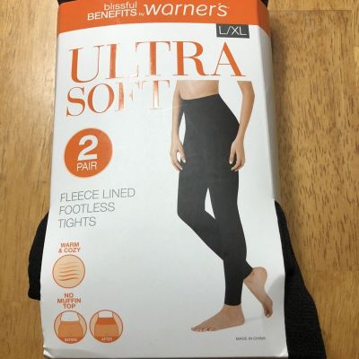 2 Blissful Benefits Warner's Ultra Soft Fleece Lined Footless Black Tights L/XL