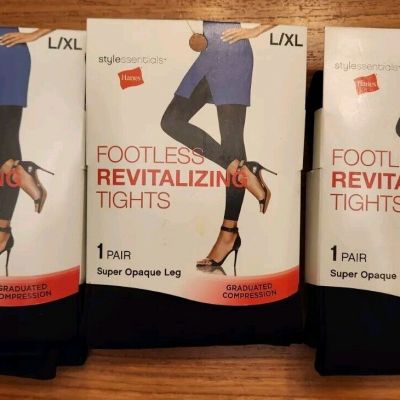 3 PAIRS Hanes Women's L XL Footless Revitalizing Compression Tights BLACK #40124