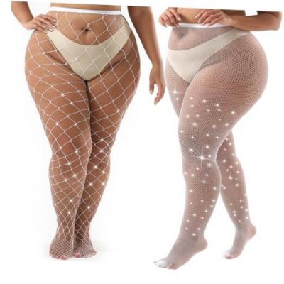 Plus Size Fishnet Tights Sparkly Fishnet Stockings Glitter Pantyhose 2 White