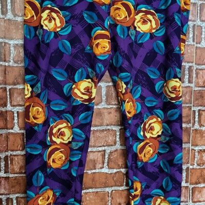 LuLaRoe Women's Floral Rose Purple Elastic Waist Leggings Size T/C Tall Curvy