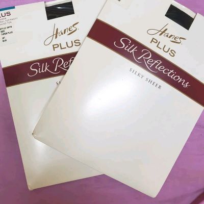 2 Pr Hanes Plus Silk Reflections Sz. 3 Plus Jet NIP Silky Sheer Black Pantyhose