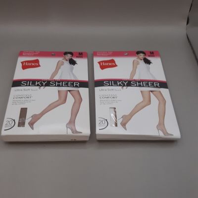 2 pair Hanes SILKY SHEER CONTROL Top Sheer Leg Pantyhose Size Medium NUDE