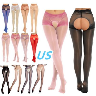 Women's Oil Silk Sheer Glossy Tights Pantyhose High Waist Crotchless Stockings