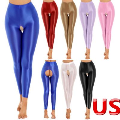US Women's 70D Oil Glossy Tight Shiny High Waist Yoga Pants Training Sports