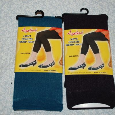 Womens FOOTLESS RIBBED TIGHTS 2 Pair Lot BLACK & TEAL GREEN One Size Fits Most