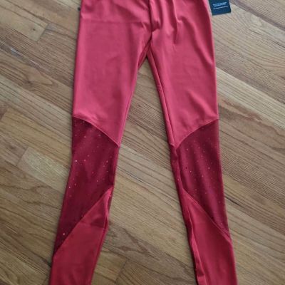 NEW Sexy Full Length Mid Waist Stretch Pant Leggings Sparkle Mesh Insert RED XS