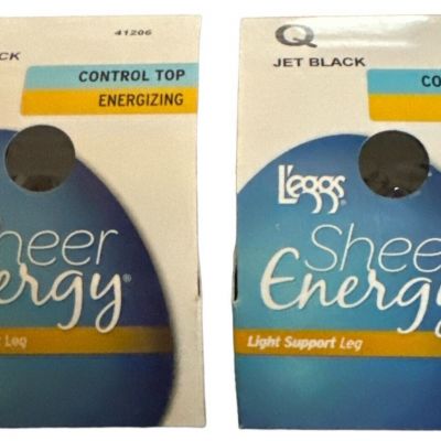 Leggs Women Sheer Energy Control Top Pantyhose 2 Pair Jet Black Size Q