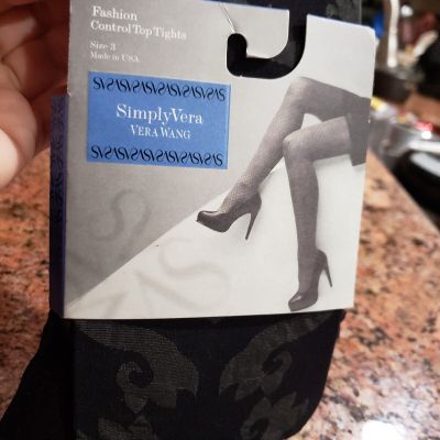 Women Simply Vera ~ Vera Wang Black  Baroque ontrol Top Tights Size 3 New