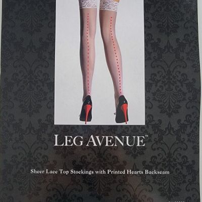 Leg Avenue- Sheer Lace Top Stockings with Printed Love Heart Backseam -One Size