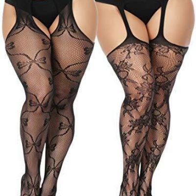 TGD Womens Fishnet Stockings Tights Plus Size Lace Suspender Pantyhose Stocki...