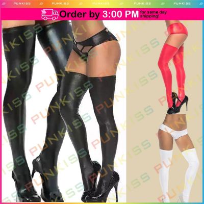 Wet Look Leather Latex Shiny Thigh Highs Sexy Stockings Stretchy Fit Women's