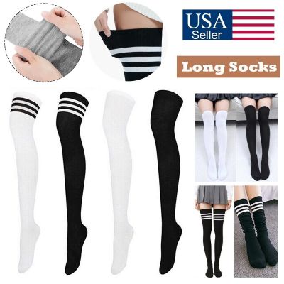 Womens Over Knee Thigh High Cotton Long Stripe Socks Under School Girl Stockings