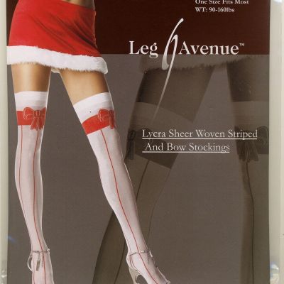 SEXY LYCRA RED WOVEN VERTICAL  STRIPE TOP BOW SHEER WHITE THIGH HI STOCKINGS NEW