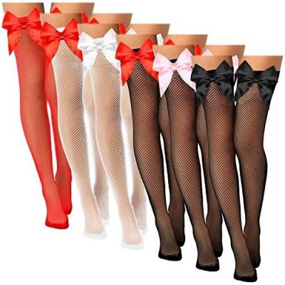 6 Pairs Women Thigh High Stockings Satin Bow Fishnet Stockings Over The Knee ...
