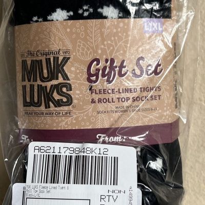 Muk Luks Fleece-Lined Gift Set Tights & Roll Top Sock Set Closed Toe  L/XL Black
