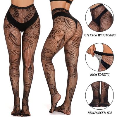 Women Snake Print Fishnet Stockings High Waist Tights Hollow Out See-through New