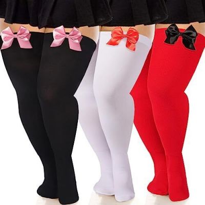 Moon Wood 3 Pairs Women Plus Size Bow Thigh Highs Stockings Opaque Over the
