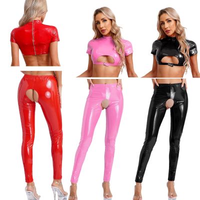 Women's Wetlook Crop Tops Hot Pants Patent Leather Sexy Rave Lingerie Clubwear