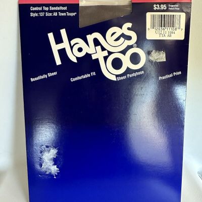Hanes Too! Pantyhose Women’s Size AB TOWN TAUPE 1 Pair Control Top 1994