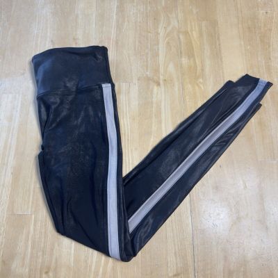 Spanx Women’s Leggings Faux Leather Black White Stripe Pull On Shimmer Sz Small