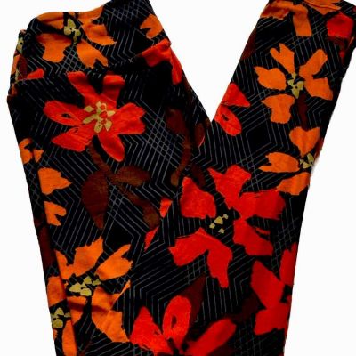 LuLaRoe Leggings Pants OS Floral Flowers Red Orange Bold Soft Bright TropicalFun