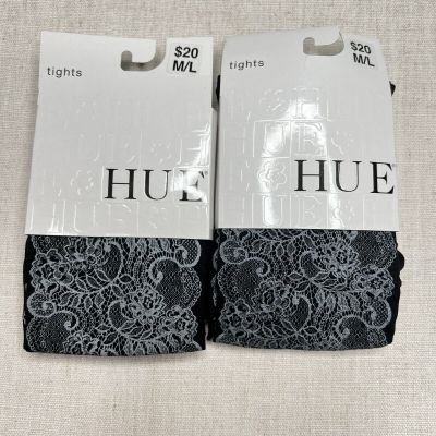 2 Pair Of Hue Womens Printed Lace Floral Design Tights Black Gray M/L