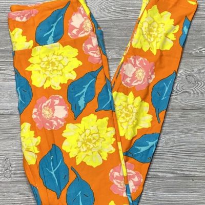 NEW Lularoe OS One Size Leggings Bright Bold Orange with Yellow Flowers Vintage