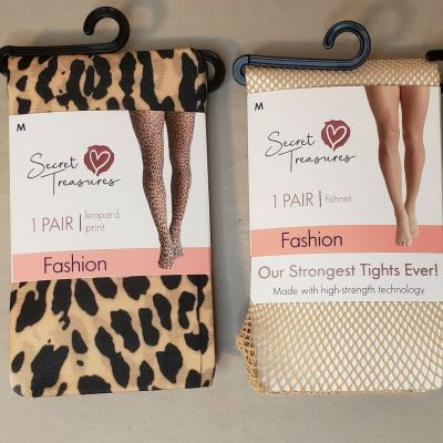 Secret Treasures Women's Fashion Tights 2 Pk Leopard and Beige Fishnet Medium