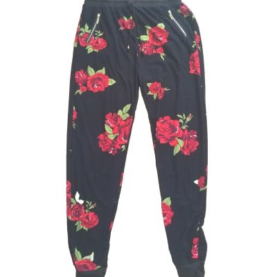 Bae City Women's Fashion Joggers Black Red Roses 1x gold zip pockets