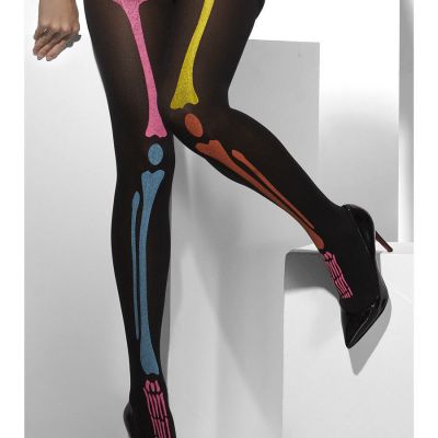 Black Neon Skeleton Print Tights Stockings Nylons Sexy Womens Adult Halloween