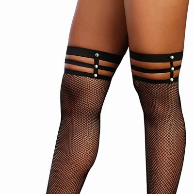 Women'S Fishnet Thigh High Stockings with Strappy Elastic Top Sockshosiery, Blac