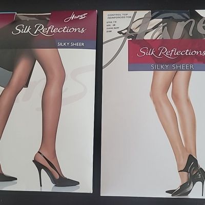 2 Hanes Silk Reflections Control Top Pantyhose Sheer  AB Navy  Gentlebrown