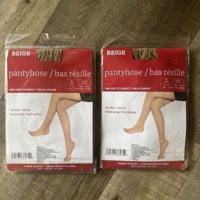 2 LOT Juncture Day Sheer Beige Reinforced Toe Pantyhose/Tights One Size (S/M/L)