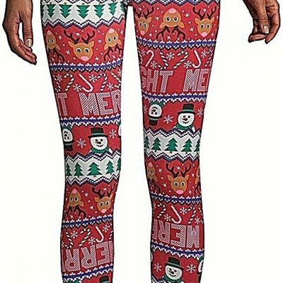 RED Christmas Merry Bright Rudolf Snowmen Snow Flakes Candy Canes Leggings USA