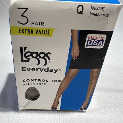 Leggs Everyday Control Top Pantyhose Pack of 3 Women's Size Q Nude Sheer Toe