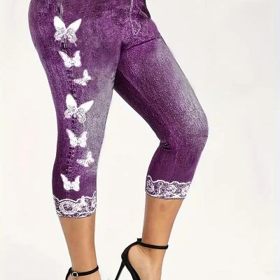 Fashion Purple Women Butterfly Print Skinny Capris Leggings Sports Clothing New