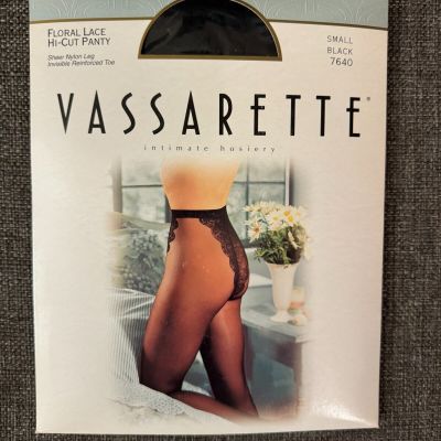 Vtg Vassarette Floral Lace Hi-Cut Panty Sheer Black Pantyhose Womens Small 7640