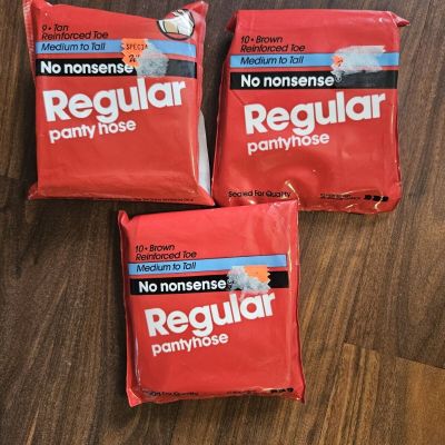 Lot of 3 NO NONSENSE Nylon Pantyhose Brown (2) and Tan (1) Reinforced Toe Medium