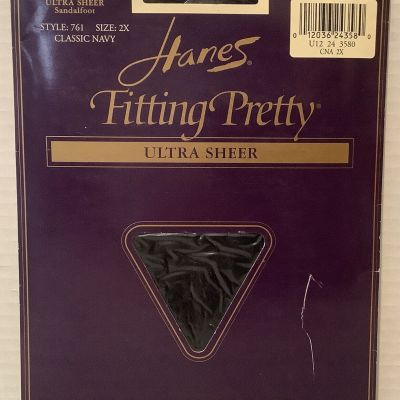 Hanes Plus Fitting Pretty Pantyhose Classic Navy Queen Size 2X Sandalfoot NOS