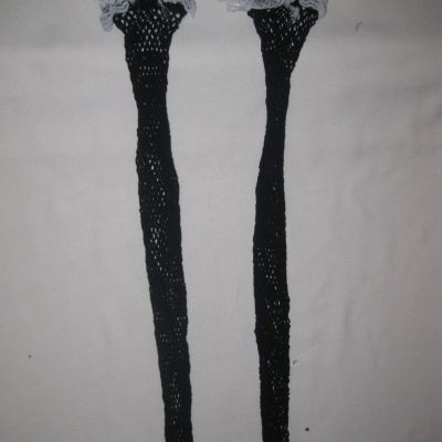 Black fishnet thigh highs w/white lace top & black bows nip kawaii goth