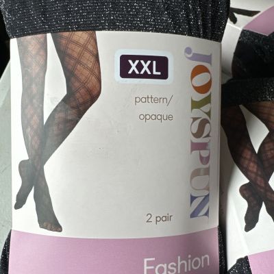 Size 2XL Joyspun Fashion Tights 2 Pk Black Shimmer & Opaque Plum No Bind Waist